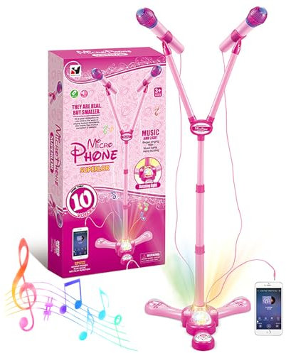 Kids Microphone and Stand,Double Head Kids Karaoke Machine with Stand With External Music Function & Flashing Lights Toy for Kids Children Girls,Gift For Christmas（Pink）