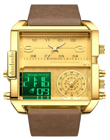 RORIOS Men's Multifunctional Digital Watch Fashion Square Quartz Wrist Watch Large Dial Electronic Analog Display Wristwatch with Alarm Chronograph Brown Gold