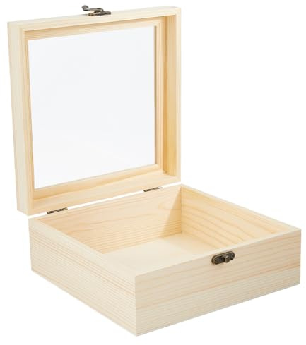 DICOSMETIC Wooden Box with Glass Lid Unfinished Wood Gift Box 7.87x7.87x3.15 Inch Wooden Square Storage Boxes with Lock PapayaWhip Keepsake Boxes for Jewelry Storage Gift Packaging Home Decoration
