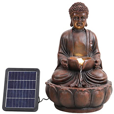 Warmiehomy Solar Water Features, Solar Powered Water Feature Buddha, Outdoor Water Features for the Garden with Solar Powered Pump & LED Lights, Zen Garden Fountains Water Fountain, Brown 48 CM