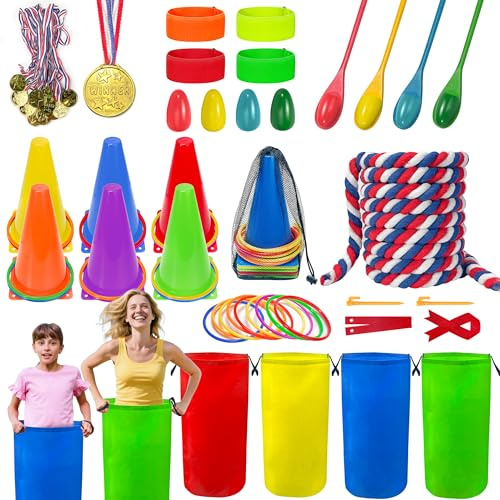 LINAYE Field Day Games Outdoor Activities, Carnival Lawn Yard Picnic Family Reunion Games Tug of War Rope Sack Race Bags for Adults and Kids Ring Toss Egg and Spoon 3 Legged Race for Birthday Party