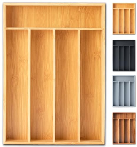 SUNBREATH Silverware Organizer, 10 Inch Utensil Organizer Kitchen Drawer Organizer Bamboo Silverware Holder Cutlery Tray Organizer in Drawer Flatware Organizer Tray(5 slots, Natural
