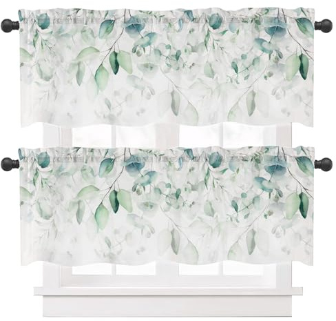 Ausing Tenda corta per finestra per cucina, elegante motivo floreale, set da 2 mantovane, per soggiorno, camera da letto, balcone, verde