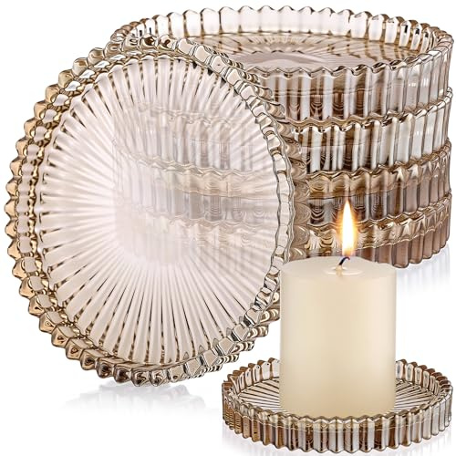 Honeydak Amber Glass Pillar Candle Holder Plates 4'' Round Glass Candle Tray Round Coasters for Table Centerpiece Wedding Party Home Bridal Shower Thanksgiving Christmas Decor(6 Pcs)
