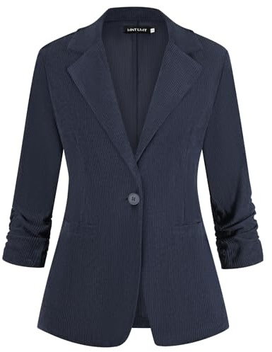 Kyzoeyou Damen Cordblazer, 3/4-Ärmel, gerüschte Ärmel, Blazer, Anzug, Damen, gekerbter Kragen, Freizeit, Arbeit, Büro, Jacke mit Taschen, N-Marine, L