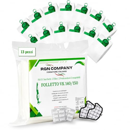 Kit risparmio 13 Sacchetti Compatibili Folletto VK140 VK150 con 2 Filtri motore e 2 Profumatori – Alta Filtrazione e Pulizia Efficace