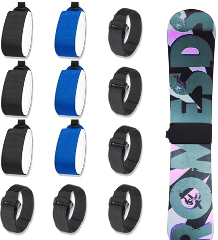 PYSEOSISE Correas de Fijación para Esquí, 12 Piezas, Ajustables, Cierre de Contacto, Nailon, Negro, Azul