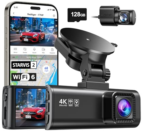 REDTIGER Dash Cam anteriore posteriore, 4 K/2,5 K Full HD Dash Camera per auto, inclusa scheda da 32 GB, built-in Wi-Fi GPS, schermo IPS da 3,16, visione notturna, angolo 170°, WDR, modalità di