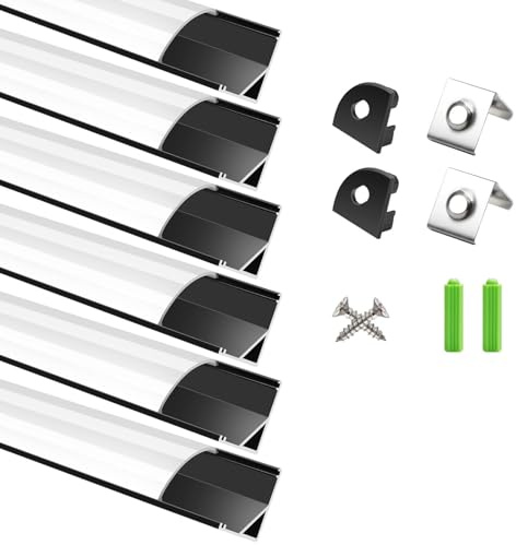 LightingWill LED-profil 6 × 1 m, V-formad aluminiumprofil i svart med mjölkvitt lock, ändlock och monteringsklämmor, LED-skena för LED-remsor