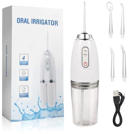 Tccydm Idropulsore Dentale Portatile, Irrigatore Orale Professionale, 3 modalità e 4 ugelli, IPX7 Impermeabile, Elettrico Water Flosser, Idropulsore per la cura e la pulizia del cavo orale