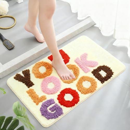 Beige Badezimmerteppich Bunte Badematten, Klein Badematte Rutschfest Waschbar Badteppich, Bath Mat Weiche Mikrofaser Duschvorleger Flauschig Badvorleger Absorbierende Badezimmer Matte Teppich, 40x60cm