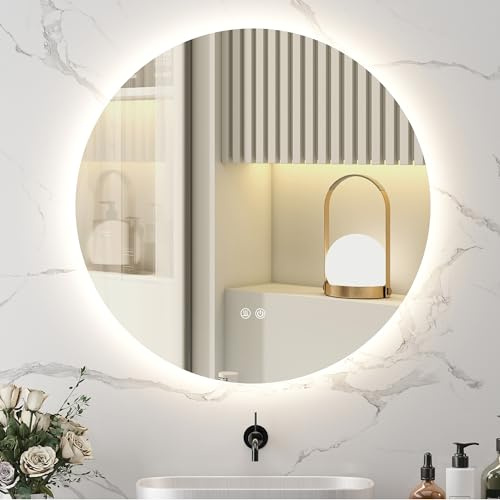 kleankin Specchio Bagno con Luce LED Rotondo 80cm, 3 Colori, 3000-6500K, Specchio da Parete Retroilluminato con Interruttori Touch, Luminosità Regolabile, Funzione Memoria e Antiappannamento, IP44