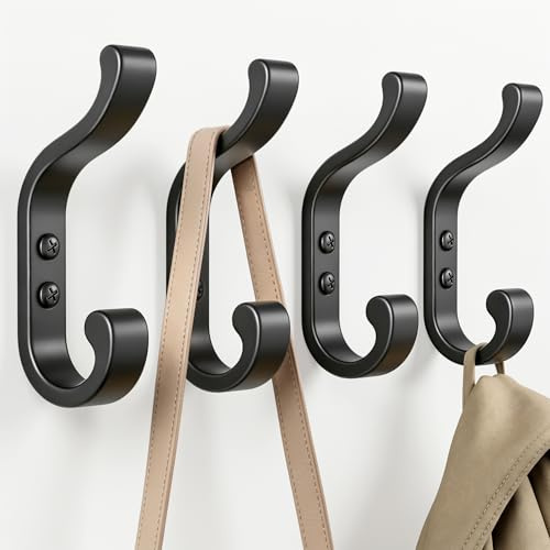 4 Pack Heavy-Duty Metal Double Coat Hooks, Black, Up to 13.5 kg, Wall-Mount | Double Coat Hooks | black wall hooks | Individual screw-in mounting | Strong double hooks support up to 13.5 kg | Josmimic