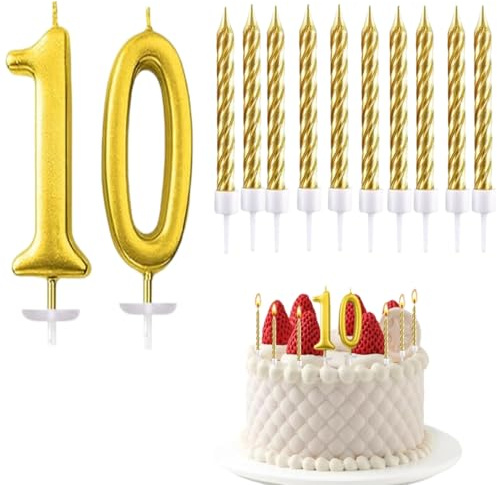 FUyanen Tårtljus med siffror, ljus nummer 10 guld 3D-glitter, 10 st födelsedagsljus, födelsedagsljus, tårtljus för fester, jubileum dekorationer