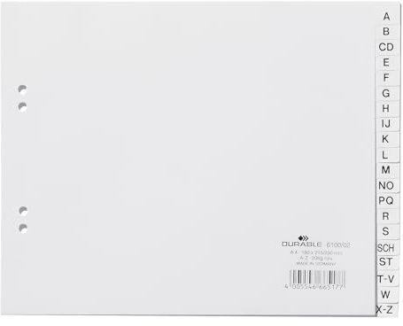Durable 610002 Registres A-Z, DIN A4 Couvrant Partiellement, 20 Parties, Blanc