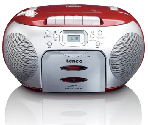 Lenco SCD-420RD Tragbares UKW-Radio mit Toplader CD-Spieler und Kassettendeck, LCD Display, Wiederholungsfunktion, Auto-Stopp, Kopfhöreranschluss