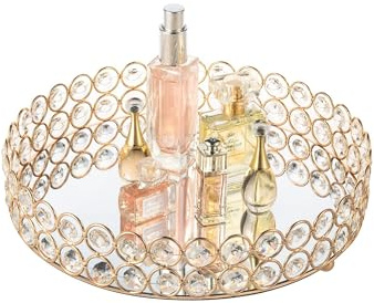 Feyarl Crystal Perfume Tray Makeup Cosmetic Vanity Organizer Jewelry Trinket Display Storage Mirrored Decorative Tray Skin Care Tray for Dresser Home Deco Birthday Gift(Round 10 inch) (Gold)