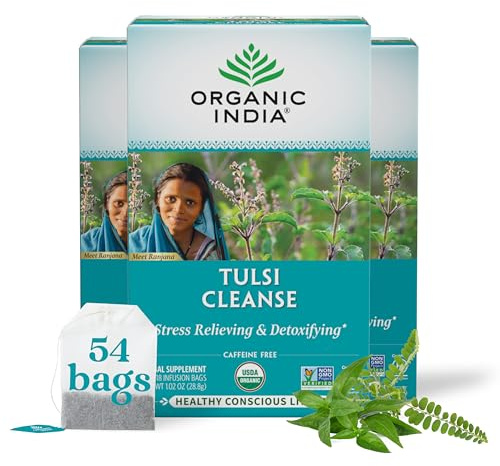 ORGANIC INDIA Tulsi Cleanse Tea - Holy Basil, Ginger, Turmeric, Herbal Tea, Stress Relieving & Cleansing, Immune Support, Adaptogen, Organic, Non-GMO, Caffeine-Free - 18 Infusion Bags, 3 Pack