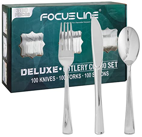 FOCUSLINE 300 Pack Silver Plastic Cutlery Set - 100 Forks, 100 Knives, 100 Spoons - Disposable Flatware Heavy Duty Plastic Silverware Set for Catering, Parties, Dinners, Weddings