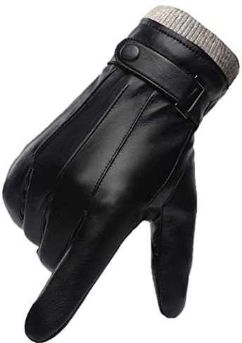 FCHITOP Winter Handschuhe Herren Leder Warm Dick Vlies Winddicht Kälteschutz Thermal Fäustlinge Anti-Rutsch Berührungssensitiver Bildschirm für Outdoor Fahren Camping PU Leder (10)