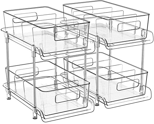 HIHEGD 2-Tier Bathroom Organizer with Dividers, Clear Under Sink and Pull-Out Cabinet Organizer for Kitchen and Pantry Storage
