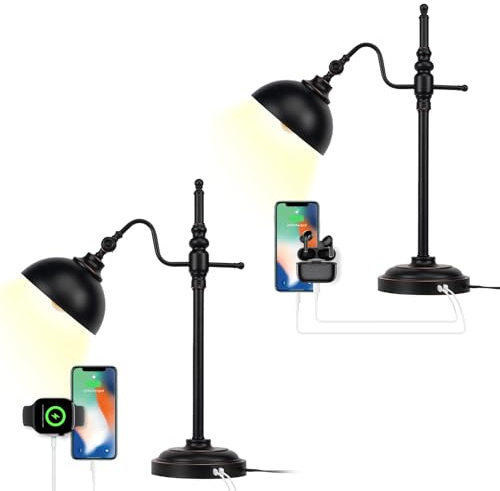 JCPYIUL Lampada da Tavolo Stile Industriale, Lampade da Comodino con Ricarica USB, Lampada da Scrivania Vintage Adatto per Uffici, Soggiorni, Dormitori e Case Coloniche(2 Set)