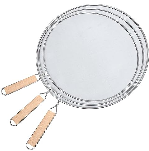 RICHDMI 3 Pezzi Paraspruzzi in Acciaio Inox, Coperchio Paraschizzi da Cucina, 100% Acciaio, con Manico in Legno, 3 Paraspruzzi di Diversa Misura 25cm-29cm-33cm Adattano alle Pentole/Padelle