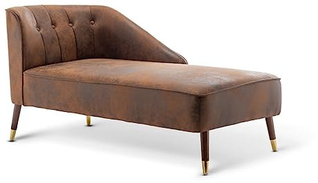 Luxury Modern Brown Tufted Faux Leather Right Hand Indoor Chaise Lounge Chair for Bedroom Living Room Conservatory Window Seat with Arm & Wooden Feet – Small Upholstered Lounger / Bed End Bench