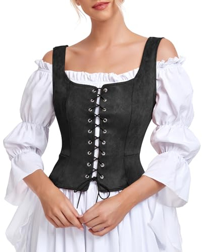 Century Star Black Corset Tops for Women Pirate Vest Renaissance Costume Women Ren Faire Medieval Victorian Floral Lace Up Steampunk Gothic Viking Bodice Crop Bustier Halloween Costumes Plus Size S