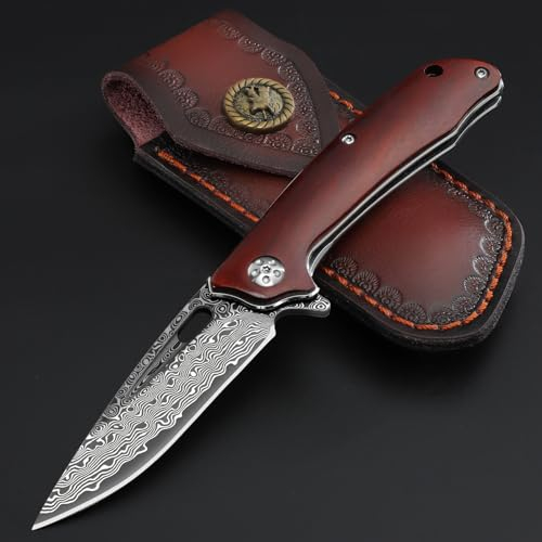 Freelander Damast Taschenmesser Klappmesser, Outdoor Klappmesser Einhandmesser aus VG-10 Damaststahl mit Sandelholzgriff, Damast Klappmesser hochwertig mit Holster für Camping & Wandern & Bushcraft