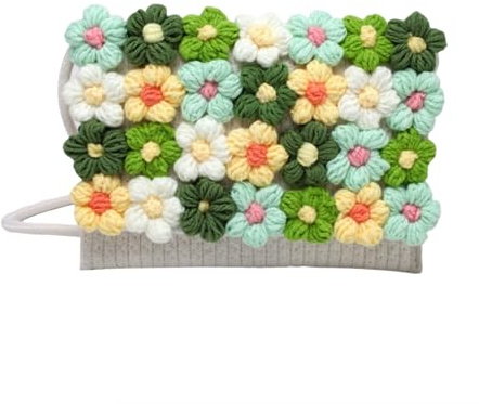 Gewebte Damen-Umhängetasche, blumentasche, fasching tasche, hippie tasche, magnetische Schnalle, Blumen-Geldbörse, gehäkelt, Crossbody-Tasche für Freizeit, Alltag, Partys, Abschlussball(weiß)