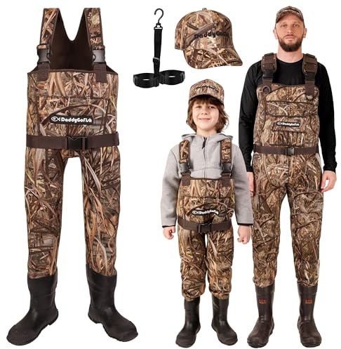 DaddyGoFish Neoprene Chest Waders for Kids and Adults, BootFoot, Fishing & Hunting with a Camouflage Caps and a Wader Hanger
