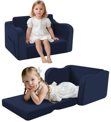 MeMoreCool Folding Kids Sofa Bed, Flip Out Toddler Armchair, Baby Lounger Chair to Convertible Couch for Boys Girls, Comfy Foam Child Chair Sofa for Playroom, Dark Blue
