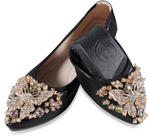YOUNIFIZ Zapatos planos de ballet para mujer, plegables, informales, con joyas brillantes, para boda, zapatos cómodos para caminar, negro 7, 38.5 EU