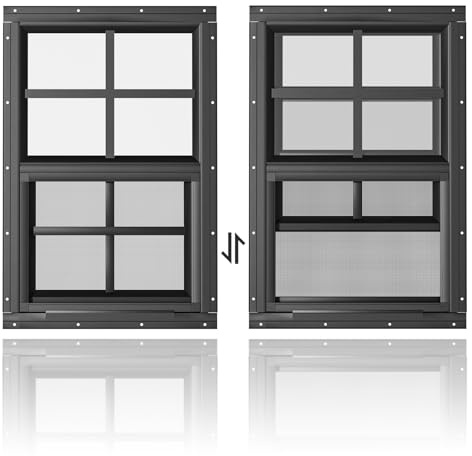 WRISIN Paquete de 2 ventanas de cobertizo de 14 pulgadas de ancho x 21 pulgadas de alto, montaje empotrado, ventanas negras para casas de juegos, graneros, gallineros