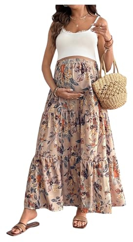 MakeMeChic Women's Maternity Skirt Summer Beach Vacation Maxi Skirt Elastic High Waist Ruffle Long Skirts Khaki Medium