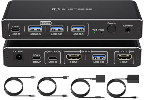 Interruttore KVM 1 monitor 2 computer 4K@60Hz Interruttore KVM USB C HDMI per 1 computer portatile 1 desktop Condividi 1 monitor Tastiera Mouse Dischi rigidi Supporto stampante 100W di ricarica