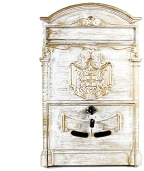 Robuster Vintage-Briefkasten aus Gusseisen, Wandmontage, dekorativer Briefkasten für Zuhause und Büro, Innen- und Außenbereich, Eingang und Tor, stilvolles Weiß/Gold-Finish