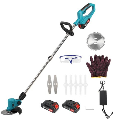 Débroussailleuse électrique sans Fil 21V, Coupe-Bordure avec 2 Batteries 2000mAh et Chargeur, 3 Types de Lames, tête pivotante, Tige télescopique, pour Jardin, pelouse, Terres agricoles (Bleu)