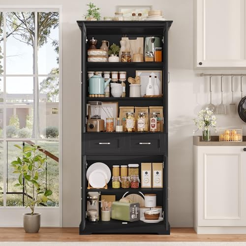 FirFurd Kitchen Cupboard Tall Kitchen Cabinet Freestanding Pantry Larder Cupboard Sideboard Storage Cabinet with 4 Doors 2 Drawers for Living Room Dining Room Bathroom 80x39.5x180.5cm Black