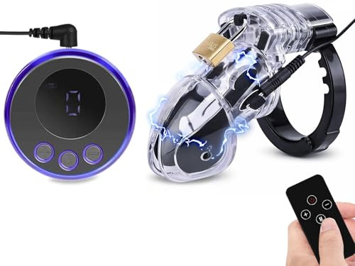 Electrical Shock Male Chastity Cage Set with Remote Control Rechargeable Electrical Pulse Unit, 8 Modes and 19 Intensity Levels Stimulation, Wired Design with Lock Chasity Device for Men Cock Cage