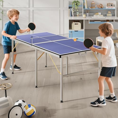 Portable Ping Pong Table - 6x3ft Professional Indoor/Outdoor Table Tennis Set with Net, 2 Paddles & 3 Balls - Quick 5-Min Assembly for Adults/Teens (Red/Black/Blue)