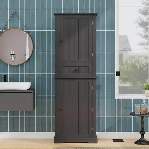 Shye Mueble de baño de 56 x 28 x 167,3 cm, con pintura resistente a la humedad, armarios superiores e inferiores, cajón medio, estantes ajustables, asas negras, color negro