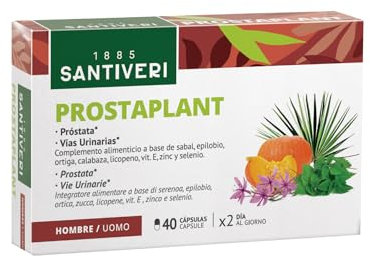 SANTIVERI - Prostaplant, Complemento Alimenticio a Base de Sabal, Epilobio, Ortiga, Calabaza, Licopeno, Vitamina E, Zinc y Selenio, Cuida la Próstata y Vías Urinarias - 40 Cápsulas