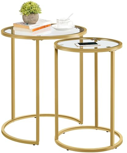 Yaheetech Round Nesting Side Table Stacking Coffee Table, Set of 2 Circular End Tables w/Metal Frame & Tempered Glass Top & Protective Foot Pads for Small Space Living Room Office, Mustard Gold