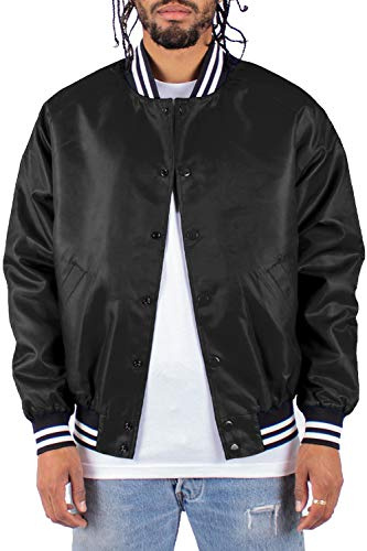 Shaka Wear Men’s Bomber Jacket – Classic Padded Relaxed Fit Water Resistant College Baseball Varsity Coat S-3XL, 3X-Large, Black