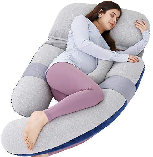 153 cm Ganzkörperkissen | Stillkissen, Schwangerschaftskissen, extra großes U-förmiges Kissen mit abnehmbarer Seite, separatem Stützkissen und abnehmbarem Bezug (Stricken Grau & Plüsch Blau)