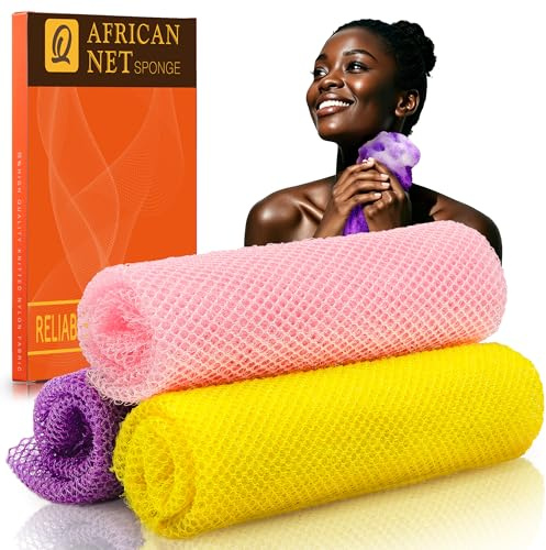 UJFQBH 3 Pieces African Bath Sponge African Net Long Net Bath Sponge Exfoliating Shower Body Scrubber Back Scrubber Skin Smoother,Great for Daily Use (Pink,Yellow,Purple)