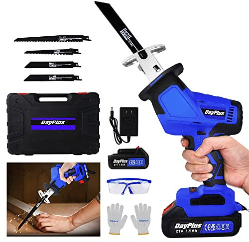 Scie alternative électrique sans fil pour arbre, bois, haie, métal, plastique, vitesse variable, verrouillage de sécurité, avec 4 lames de scie, 2 piles et chargeur