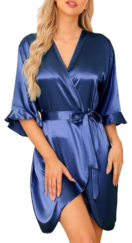 Wikoan Peignoirs Femme Satin Robes Court pour Femmes Robes de Mariée Ete Vêtements de Nuit Doux pour le Mariage Peignoir Col en V Bleu Clair XXL